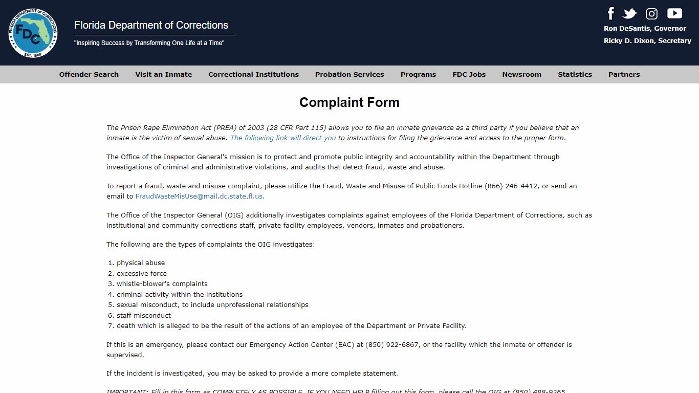 Citizen Complaint Form - Florida Department of Corrections